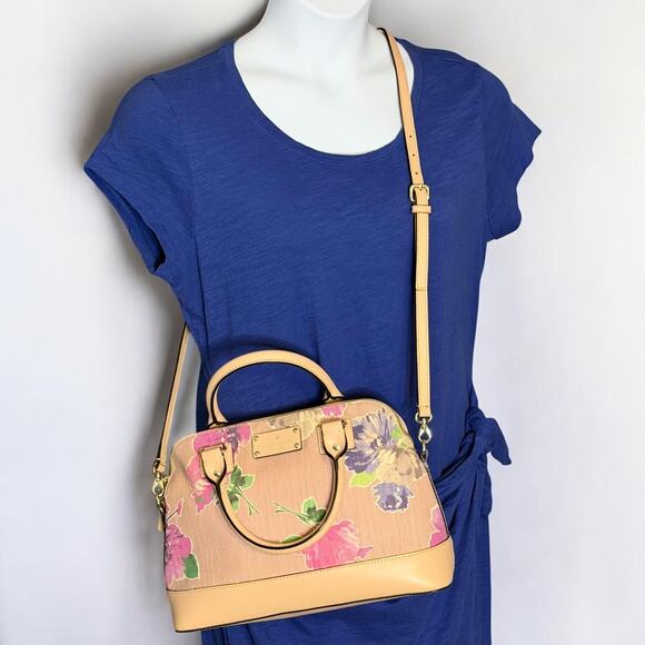 Kate Spade Floral Satchel Crossbody Handbag Beige Linen Jute Canvas Leather Trim - Picture 3 of 12